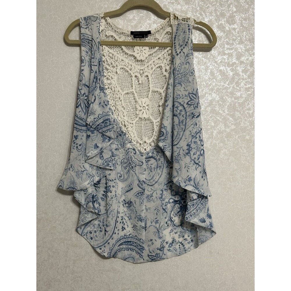 BCBG‎ Maxazria Fashion Vest Cardigan Blue & White Paisley Floral Lace Back S / M